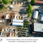 Aerial Image of some of the property at Soviero's Garden Center in High Point, NC. Caption reads Voted Triad's Best Lawn & Garden Center & Landscaping Center.